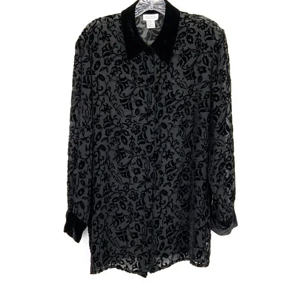 Vintage Y2K Black Sheere Burnout Velvet Blouse from Deane & White Sz M - Picture 10 of 16